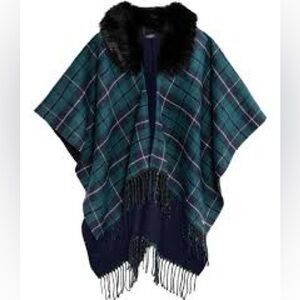 Lauren Ralph Lauren plaid cape sweater with detachable faux fur collar